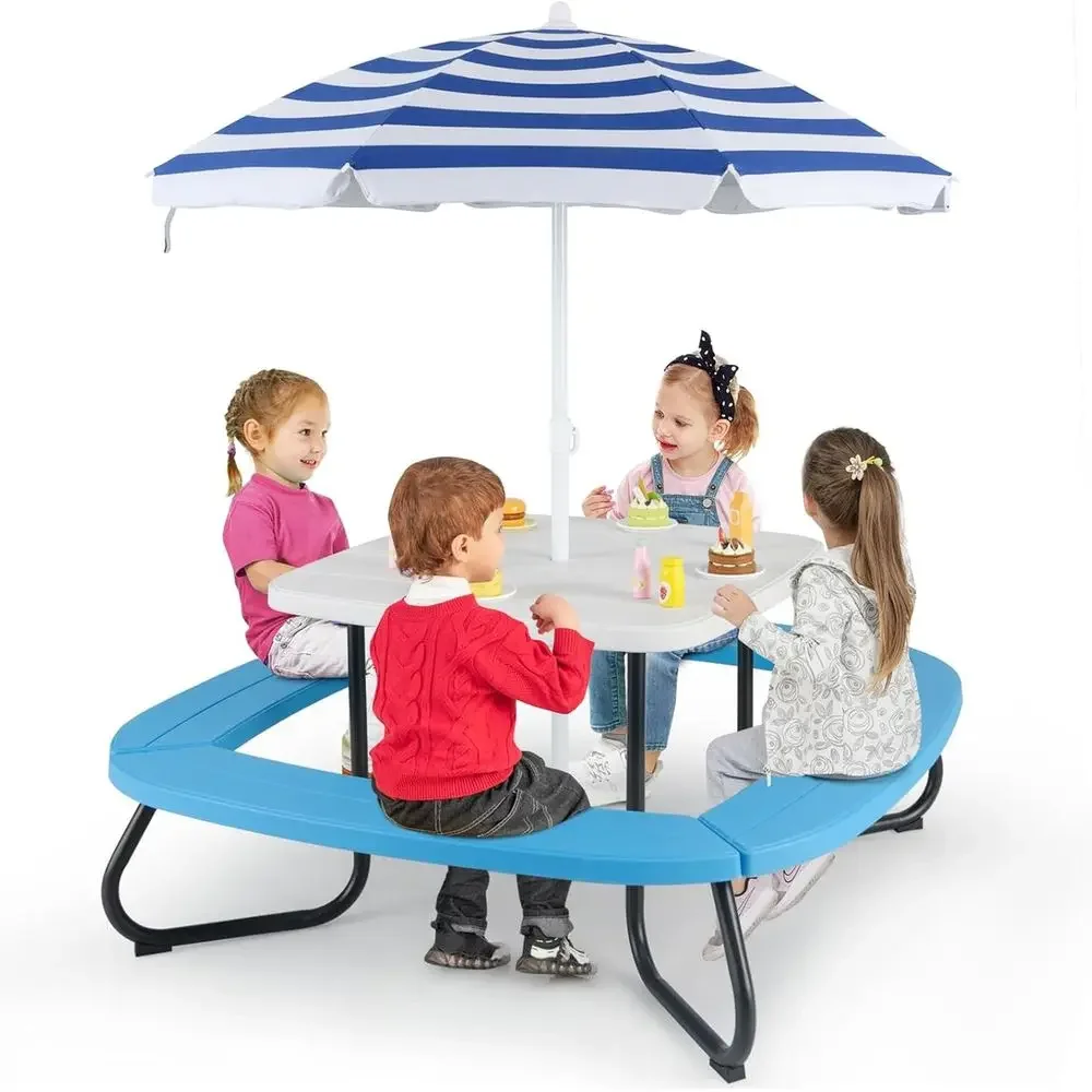 Kids Outdoor Umbrella - 8 Kişilik Çocuk Piknik Masası, Şemsiyeli,