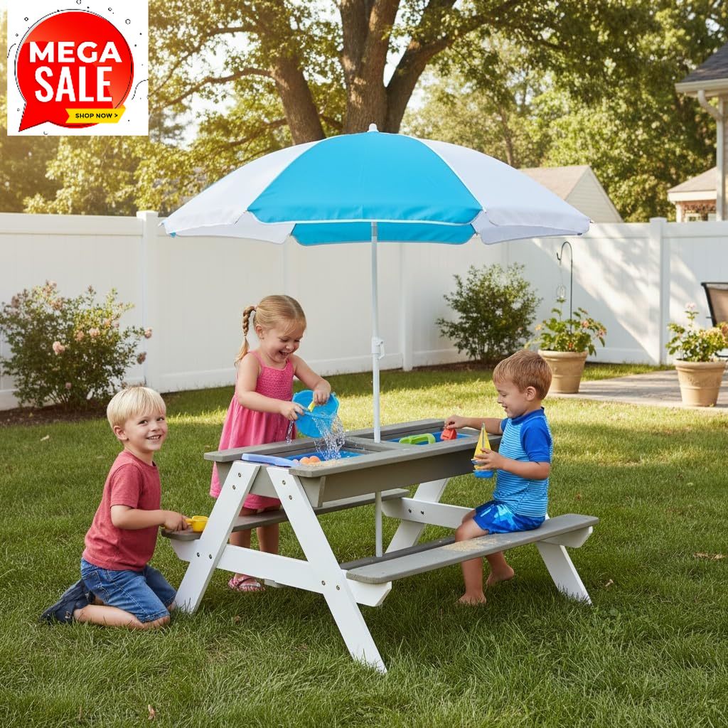 Kids Outdoor Bench With Umbrella - Çocuk Piknik Masası, 3'ü 1 Arada